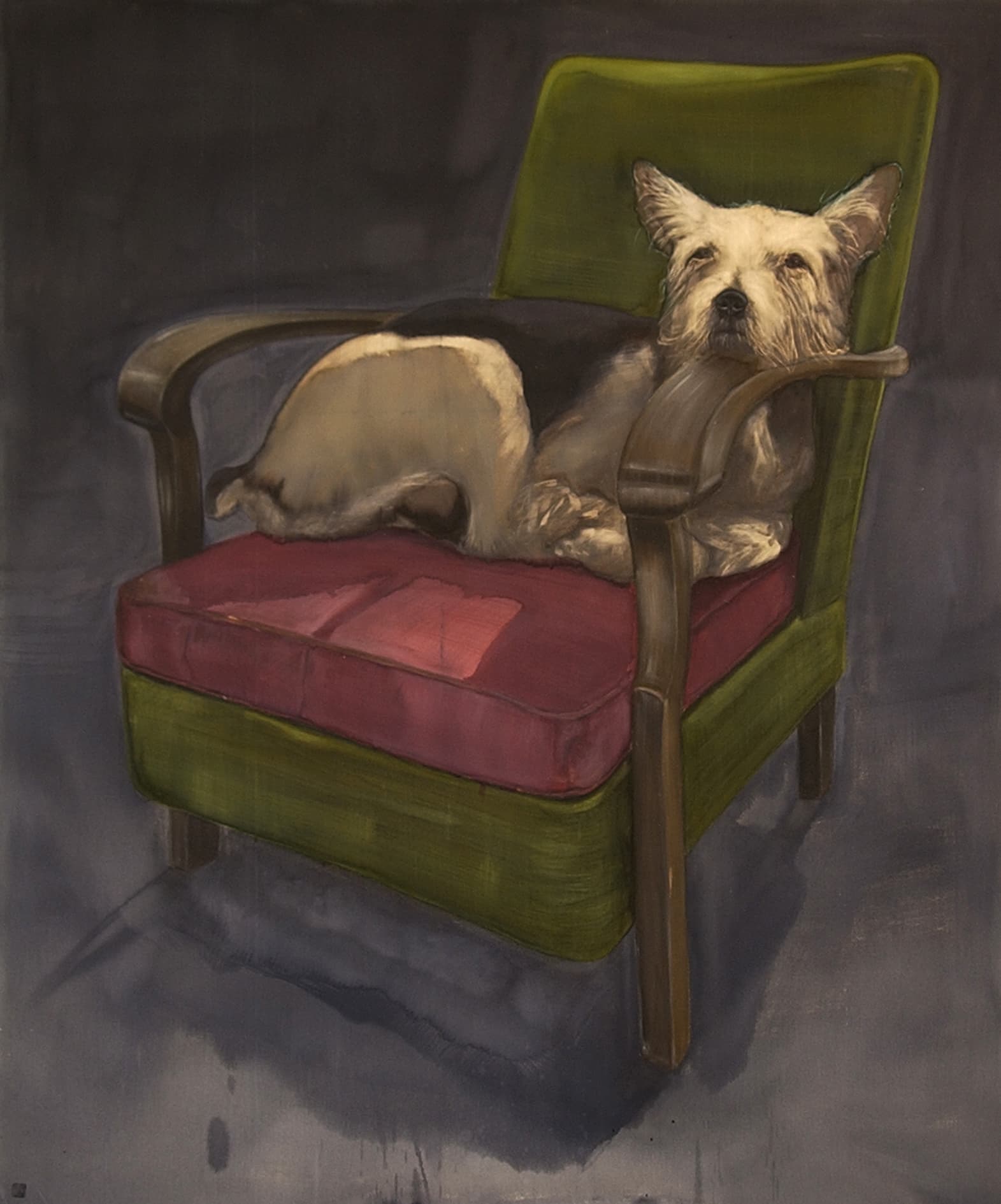  louis sur fauteuil vert et rose,180x150 cm,ink-acrylic,a 