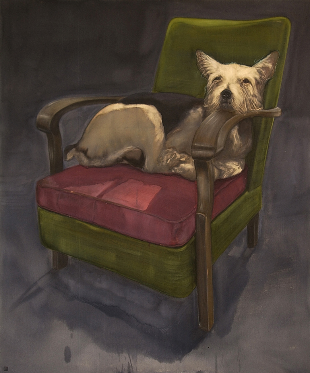  louis sur fauteuil vert et rose 